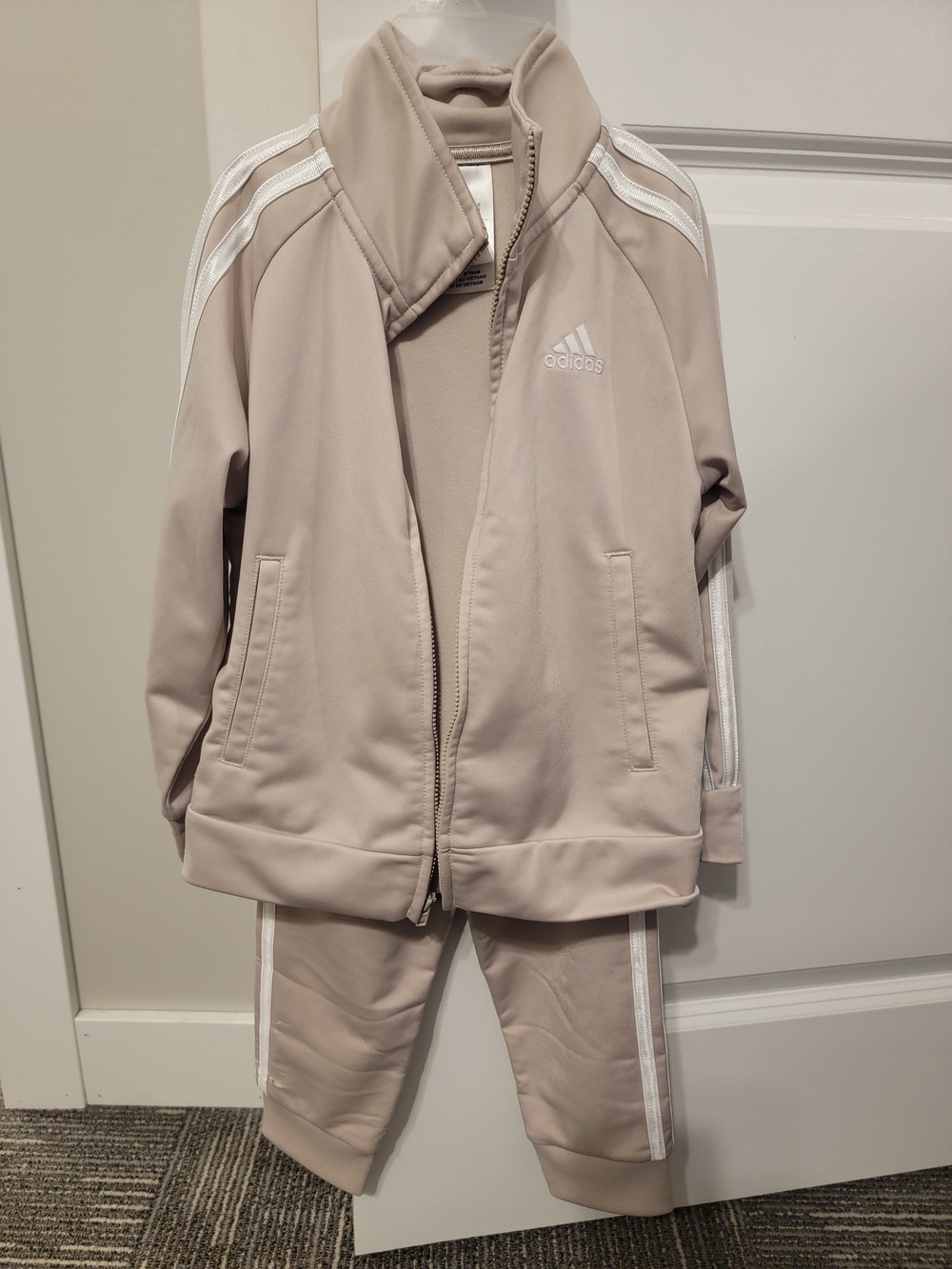 adidas Kids Beige Track Jacket and Pants Set with White Stripes
